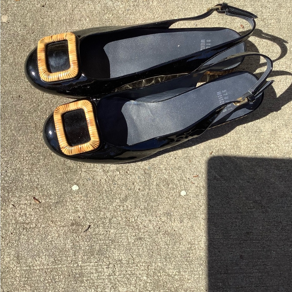 Stuart Weitzman Black Patent Slingback Flats with Tan Buckle Accent